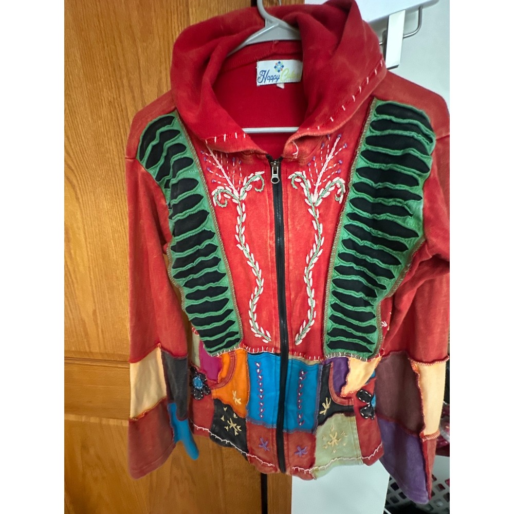 Happy Colors Nepal Boho Patchwork Zip Up Hoodie Red Floral Embroidery Razor Cut